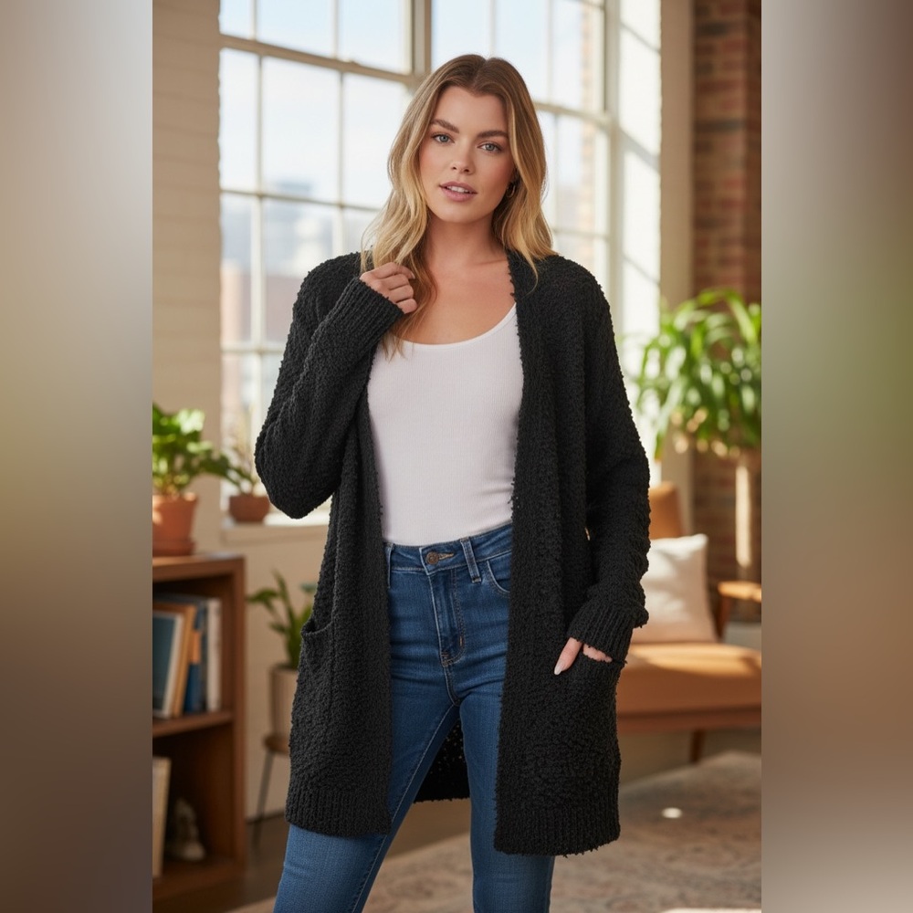 NEW•L-XL•Zen Essential Black Popcorn Cardigan with Pockets